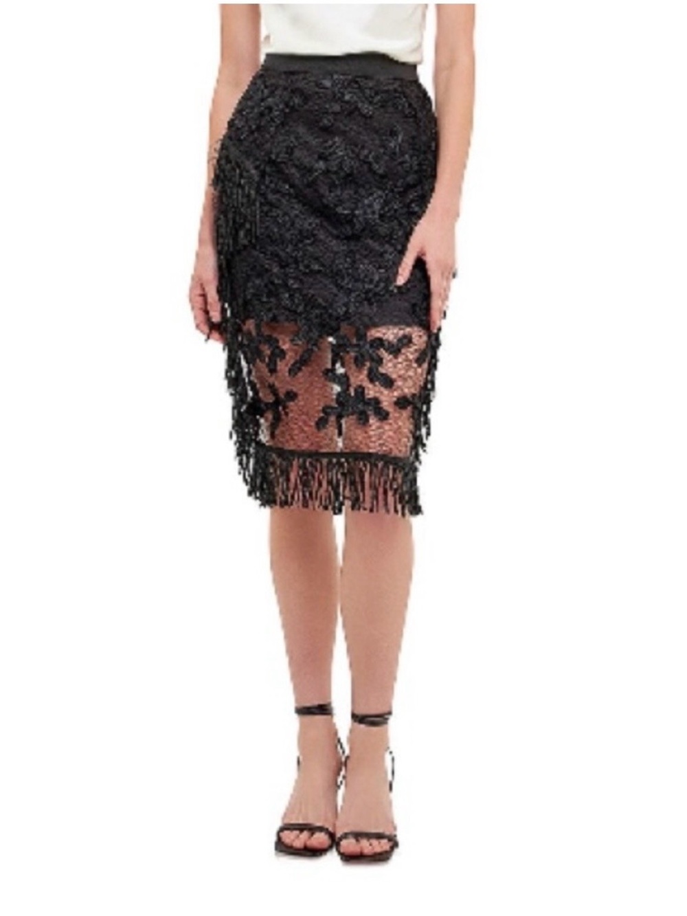 Endless Rose Black Lace Fringe Pencil Skirt
